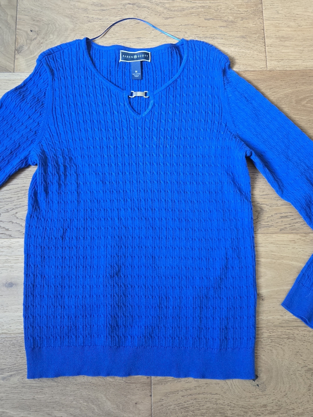 Karen Scott Bright Blue Cable-Knit Pullover with Decorative Accent